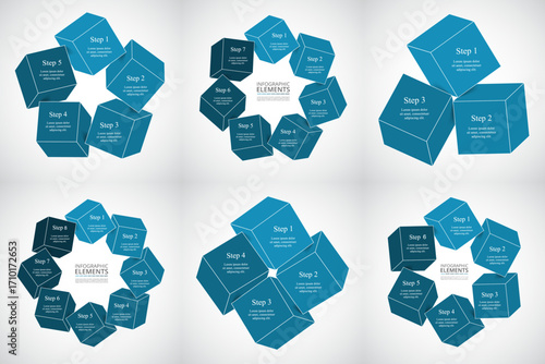 Set of blue infographic templates with 3, 4, 5, 6, 7 and 8 options, parts or processes.