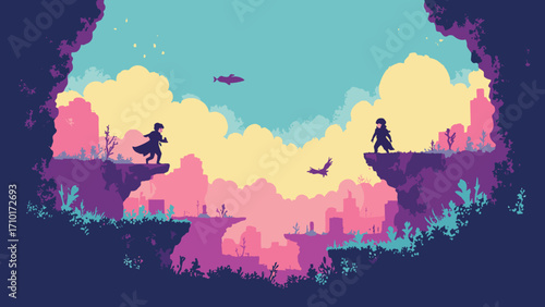 8-bit platform scene — blocky platforms and cartridge silhouette, copyspace area at lower third for text, palette: cyan, magenta, yellow