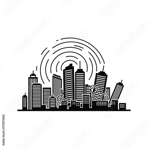 Minimalist vector illustration of a bustling cityscape with sound waves and an amusement ride, symbolizing a dynamic urban metropolis