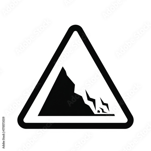 Warning sign for falling rocks or landslide danger. A black triangular icon with a cliff and crumbling stones, isolated on a white background