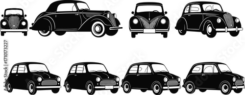 Vintage classic cars silhouettes, old retro automobiles, antique vehicles, front and side view, car collection, classic design, automotive history, black and white illustration.