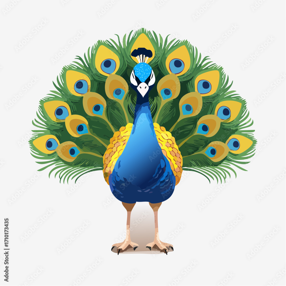 Fototapeta premium 3D Pfau, stehend mit aufgestelltem Rad, Studio-Licht, fotorealistisch, leuchtende Farben