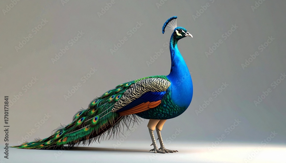 Obraz premium 3D Pfau, stehend mit aufgestelltem Rad, Studio-Licht, fotorealistisch, leuchtende Farben