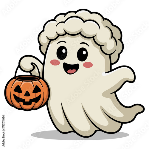 Festive Specter: A cute cartoon ghost, brimming with Halloween spirit, joyfully holds a jack-o'-lantern and eagerly looks forward to trick-or-treating.