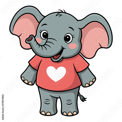 Joyful Elephant: A charming cartoon illustration depicts a cheerful elephant, clad in a cute pink shirt, radiating happiness with a bright smile and engaging eye contact.