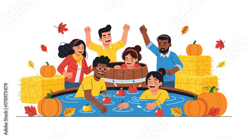 Autumn Harvest Festival Fun: A vibrant illustration of friends and family enjoying traditional autumn festivities, with a lively atmosphere and colorful harvest decorations.