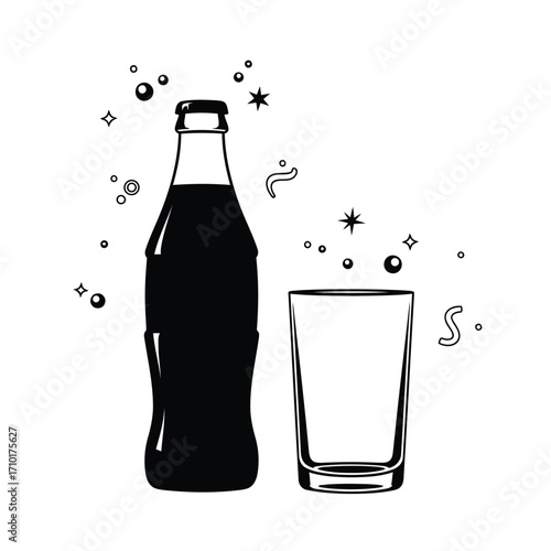 A black and white illustration of a full bottle of soda next to an empty glass, with celebratory sparkles and bubbles.
