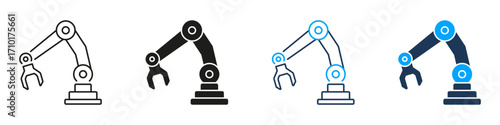 Industrial Robotic Arm Icon Set, Automation and Manufacturing Robot Arm Symbols in Line and Solid Styles. Editable Stroke Isolated Vector Illustration