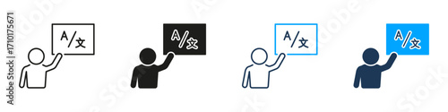 Person Teaching Language Line And Solid Icon Set. Language Education, Translation, And Multilingual Communication Symbol Collection. Educational And Linguistic Training. Isolated Vector Illustration
