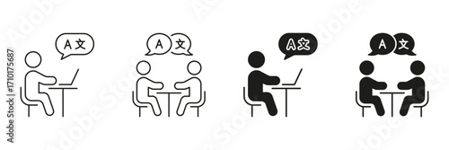 Language Learning And Online Communication Line And Solid Icon Set. Multilingual Interaction And Interpretation Symbol Collection. Translation And Communication. Isolated Vector Illustration