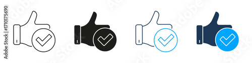 Thumbs Up With Checkmark Line And Solid Icon Set. Approval, Validation, And Positive Feedback Symbol Collection. User Satisfaction And Quality Assurance. Isolated Vector Illustration