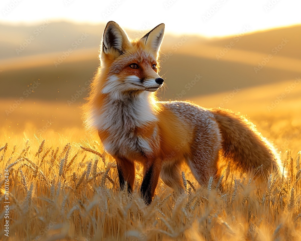 Fototapeta premium A red fox stands alert in a golden wheat field during a warm sunset with soft light illuminating rolling hills in the background