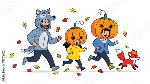 A Halloween Costume Dash: A whimsical illustration of three figures joyfully running in colorful Halloween costumes, evoking the playful spirit of autumn festivities. 