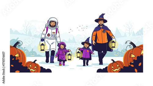 Trick-or-Treat Costume Adventure: A family embarks on a whimsical Halloween trick-or-treat journey, with a unique astronaut costume and a classic witch, and lantern.