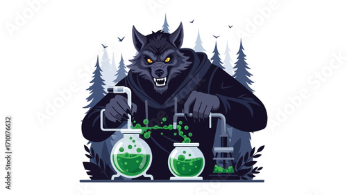 Werewolf Scientist at Work: In a darkly enchanting illustration, a werewolf, cloaked and focused, meticulously conducts a mysterious experiment, his lab a haven of strange vials, bubbling liquids.