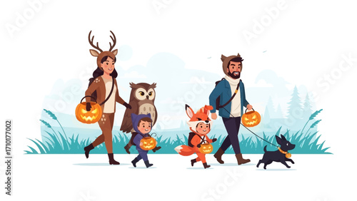 Halloween Family Adventure: A heartwarming illustration of a family dressed in adorable costumes, embarking on a trick-or-treat adventure.