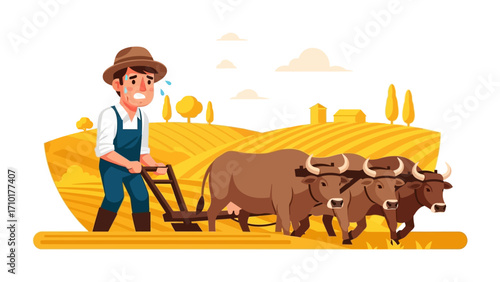 Working in the Field: A farmer expertly guides oxen in a sunlit field, cultivating the earth with time-honored methods. The image captures the essence of rural life and hard work.