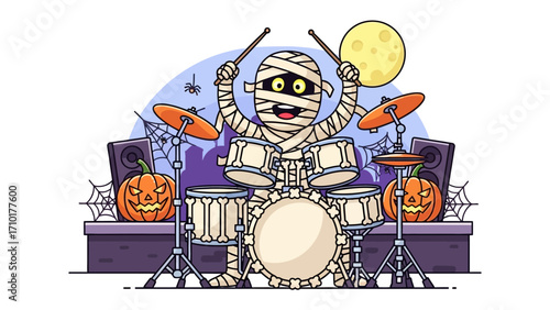 Spooky Drummer Performance: A whimsical illustration of a mummy enthusiastically playing the drums on a spooky stage, ready for a Halloween celebration, with elements of festive fun.