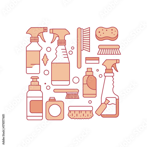 household cleaning supplies arrangement featuring spray bottles brushes and sponges promoting hygiene ideal for housekeeping websites