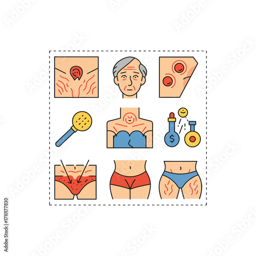 itchy skin rash vector showing various dermatological conditions and treatment icons for medical illustrations