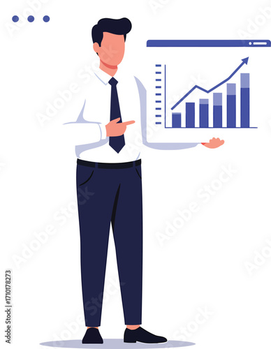 Businessman pointing at a rising bar graph on a presentation board.