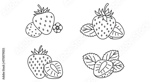 Simple black and white illustration of fresh strawberries and strawberry slices
