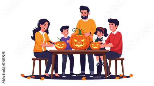 Halloween family fun: A heartwarming scene unfolds as a family gathers around a table to carve pumpkins, with each member embracing the spooky season with laughter and creativity.