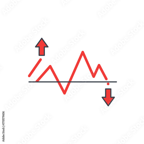 A dynamic red line graph illustrates market volatility with clear upward and downward trends, symbolizing financial fluctuations and data analysis over time.