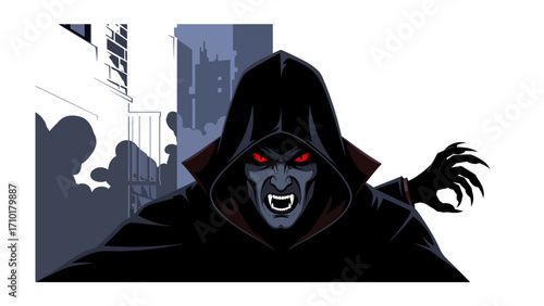 Vampire in City: A sinister vampire with glowing red eyes lurks in the shadows of a cityscape, his cape obscuring his form.  His sharp fangs and clawed hand hint at danger.