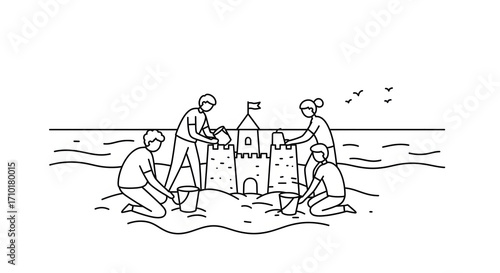 Two people building a sand castle on the beach for lifestyle, marketing, social media content, or human interest story