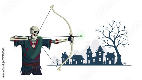 Skeleton Archer: A spectral skeleton archer takes aim with a bow and arrow in a shadowy cityscape, a chilling scene evoking Halloween or fantasy themes.