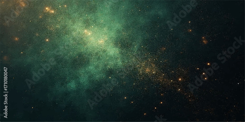 An abstract, dark blue background with glowing starlight, a swirling nebula, and a distant galaxy creating a fantastical night sky