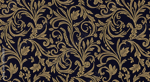 Intricate gold damask pattern on dark background seamless textile design