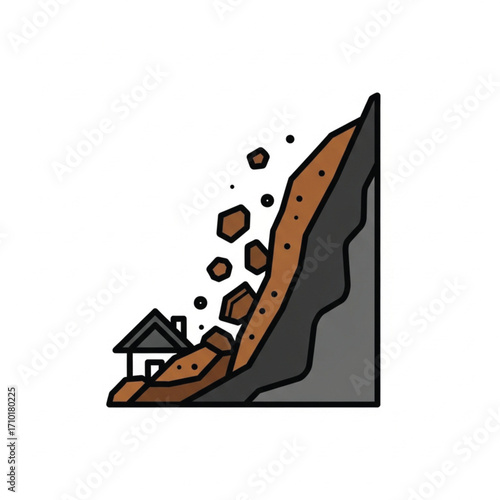 Vector icon representing a catastrophic landslide, rockfall, and debris flow damaging a house at the base of a cliff