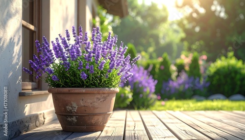 A terracotta pot overflowing with purple lavender blooms sits on a sunlit wooden deck, with a blurred garden backdrop