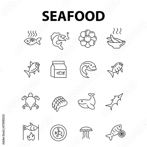 Fish and seafood icon set.  turtle meat, whale, tuna, jellyfish ,Symbols Editable stroke. Vector illustration.eps