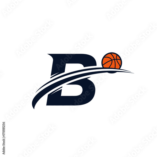 Basketball Letter B Logo with Swoosh and Ball