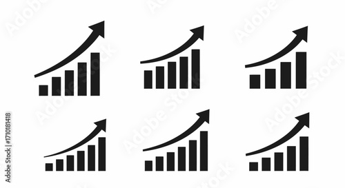 Vector icons of upward trending bar charts with arrows, representing business growth, financial success, and positive progress in market trends and data analysis