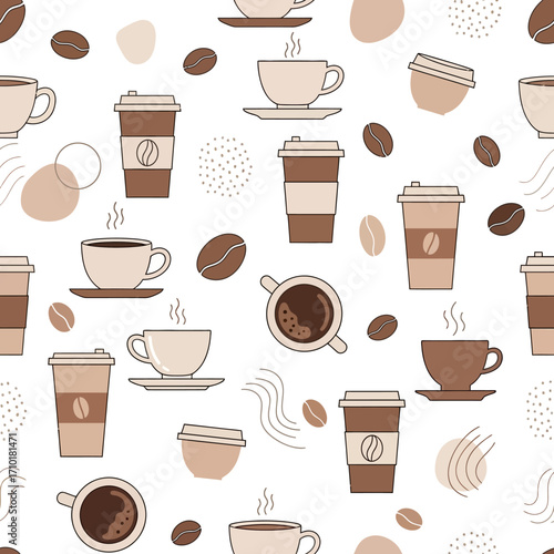 Inviting seamless vector pattern design featuring various coffee cups, mugs, and scattered beans, ideal for beverage themes, cafe decor, and digital backgrounds
