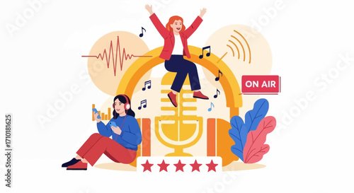 Vector illustration of a podcast team celebrating a five-star rating, featuring women with a microphone and headphones for digital communication