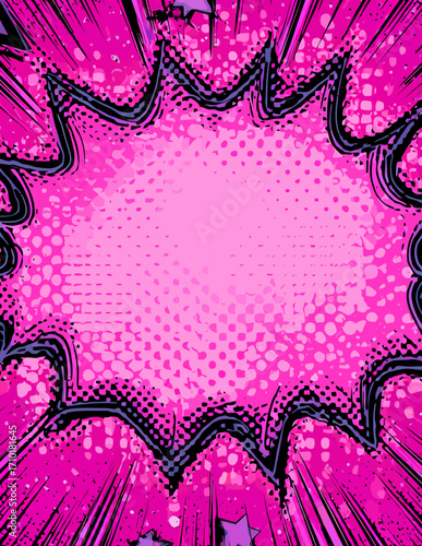 Ein auffälliger Vektor-Hintergrund im Pop-Art-Stil mit einer leuchtend rosa Explosion, umgeben von dynamischen Linien und Halbtönen, perfekt für energiegeladene Projekte.