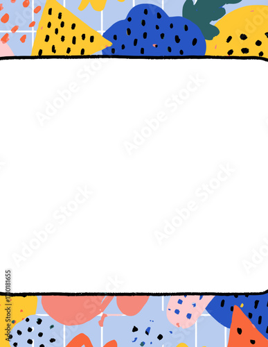 Dieses fröhliche Vektordesign bietet einen lebendigen Rahmen mit abstrakten Formen und Mustern, perfekt für kreative Projekte und moderne Hintergründe.