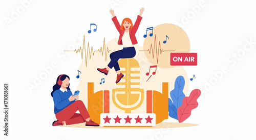 Modern communication concept showing a podcast host celebrating on a microphone while a listener gives a five-star review