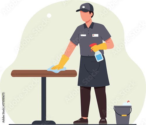 Person in uniform cleaning a table with spray bottle and cloth.
