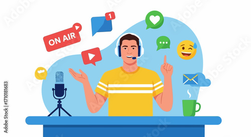 Modern podcast creator with microphone, headphones, and social media icons representing online communication and broadcasting