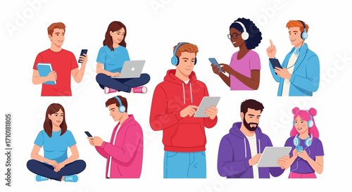 Collection of diverse young people using modern gadgets. Men and women with smartphones, laptops, and headphones. Vector character illustration set isolated on a white background