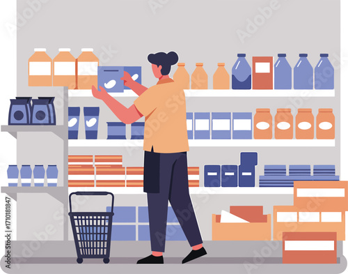 Person stocking shelves in a grocery store with a shopping cart.