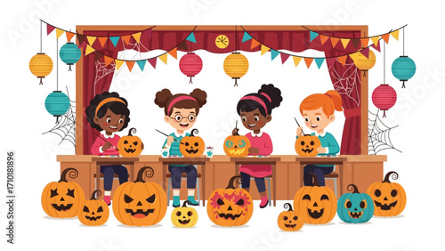 Halloween Crafting: Joyful children engrossed in crafting spooky pumpkins, embodying the fun of Halloween preparations.
