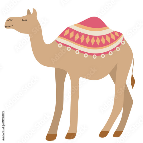 Hand-drawn camel with decorative saddle, exotic desert animal illustration for travel, adventure, and nature design.
