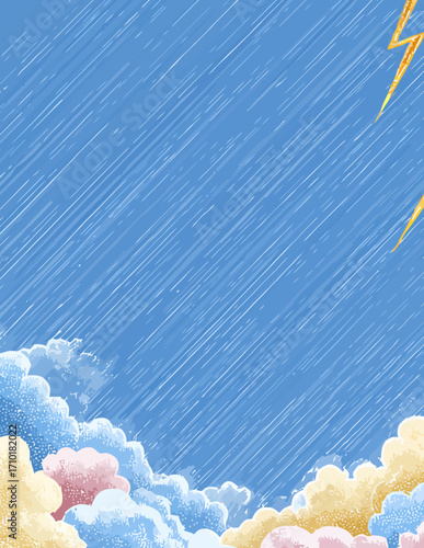 Ein Vektorhintergrund zeigt einen dramatischen Gewitterhimmel mit fallendem Regen und leuchtenden Blitzen über farbigen Wolken.